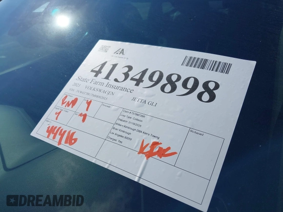 2021 Volkswagen Jetta GLI S with VIN 3VW6T7BU7MM002015, listed as a IAAI auction lot 41349898 with 44,416 mi miles and . Bid and sale history available at DreamBid. Image 18.