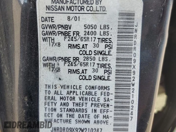 2002 Infiniti QX4 with VIN JNRDR09X92W210247, listed as a Copart auction lot 84913164 with 160,938 mi miles and Salvage Title. Bid and sale history available at DreamBid. Image 13.