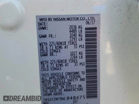 2017 Nissan Rogue SL z VIN 5N1AT2MT9HC848475, wystawiony jako Copart lot #57272765 z przebiegiem 81 296 mil mil oraz Szkoda całkowita • Salvage title. Historia ofert i sprzedaży dostępna na DreamBid. Obrazek 14.