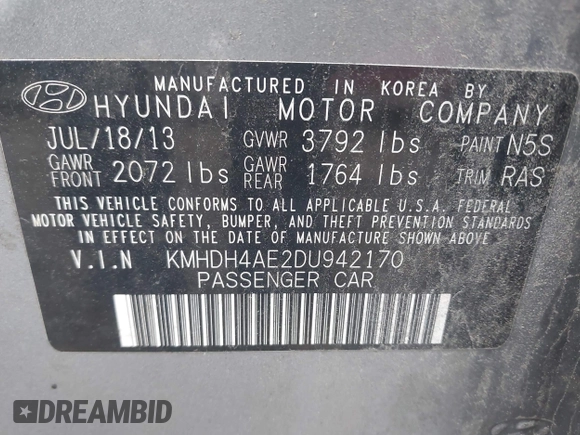 2013 Hyundai Elantra GLS with VIN KMHDH4AE2DU942170, listed as a IAAI auction lot 41921240 with 125,039 mi miles and . Bid and sale history available at DreamBid. Image 9.