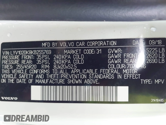 2019 Volvo XC60 Momentum with VIN LYV102DK8KB255769, listed as a IAAI auction lot 41573224 with 45,249 mi miles and . Bid and sale history available at DreamBid. Image 9.