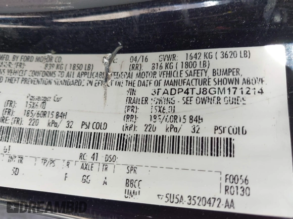 2016 Ford Fiesta S with VIN 3FADP4TJ8GM171214, listed as a IAAI auction lot 42582098 with 62,074 mi miles and . Bid and sale history available at DreamBid. Image 9.