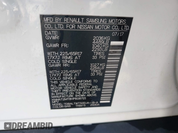 2017 Nissan Rogue S with VIN KNMAT2MT8HP608721, listed as a IAAI auction lot 41705227 with 147,480 mi miles and . Bid and sale history available at DreamBid. Image 9.