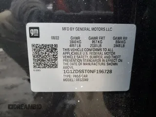 2022 Chevrolet Malibu LT with VIN 1G1ZD5ST0NF196728, listed as a Copart auction lot 42605585 with 13,925 mi miles and Salvage Title. Bid and sale history available at DreamBid. Image 13.