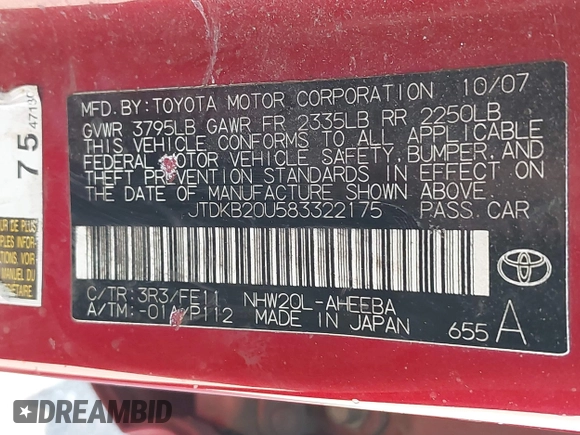 2008 Toyota Prius with VIN JTDKB20U583322175, listed as a IAAI auction lot 42010788 with 204,898 mi miles and . Bid and sale history available at carsss.com. Image 9.