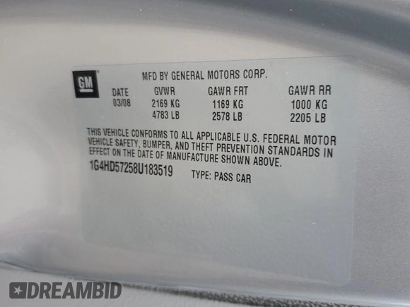 2008 Buick Lucerne CXL with VIN 1G4HD57258U183519, listed as a Copart auction lot 49147185 with Not Provided miles and Salvage Title. Bid and sale history available at DreamBid. Image 14.