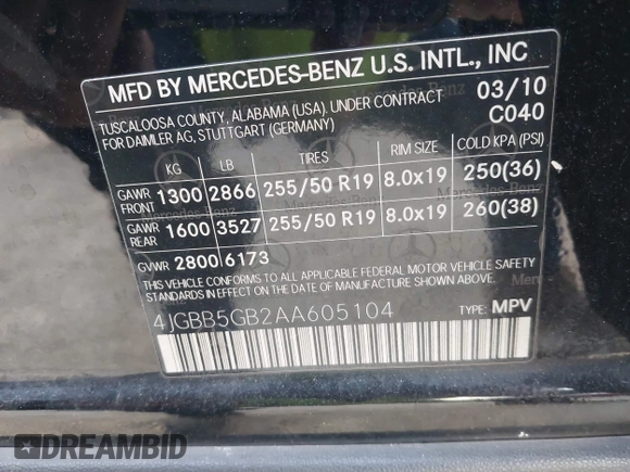 2010 Mercedes-Benz M 350 с VIN 4JGBB5GB2AA605104, выставлен на аукционе IAAI как лот 41922137 с пробегом 95 870 миль миль и . История ставок и продаж доступна на DreamBid. Изображение 9.