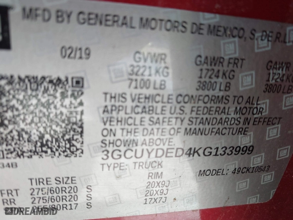 2019 Chevrolet Silverado 1500 LT with VIN 3GCUYDED4KG133999, listed as a IAAI auction lot 41691689 with 88,476 mi miles. Bid and sale history available at carsss.com. Image 9.