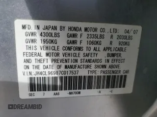 2007 Acura TSX Navi with VIN JH4CL96987C017537, listed as a Copart auction lot 53530845 with 0 mi miles and Clean Title. Bid and sale history available at carsss.com. Image 12.