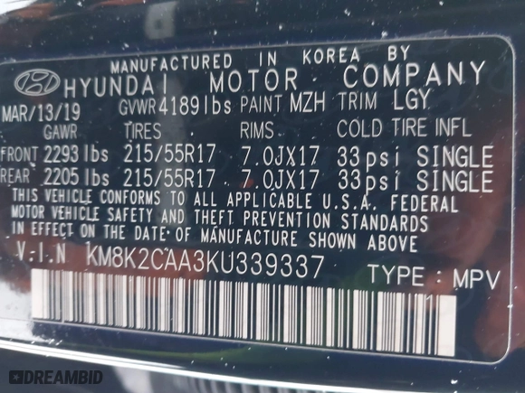 2019 Hyundai Kona SEL with VIN KM8K2CAA3KU339337, listed as a IAAI auction lot 41635132 with 51,343 mi miles. Bid and sale history available at carsss.com. Image 9.