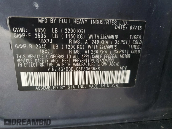 2015 Subaru Outback Limited with VIN 4S4BSELC8F3363638, listed as a Copart auction lot 61146815 with 185,130 mi miles and Clean title. Bid and sale history available at DreamBid. Image 12.