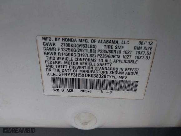 2013 Honda Pilot EX-L with VIN 5FNYF3H5XDB038328, listed as a IAAI auction lot 41690243 with 226,175 mi miles. Bid and sale history available at carsss.com. Image 9.