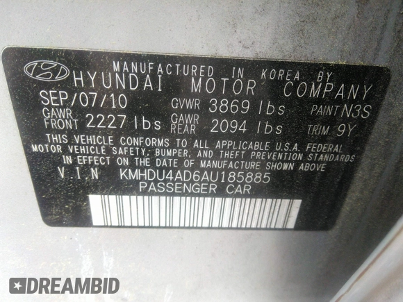 2010 Hyundai Elantra GLS z VIN KMHDU4AD6AU185885, wystawiony jako IAAI lot #42466100 z przebiegiem 200 842 mil mil oraz . Historia ofert i sprzedaży dostępna na DreamBid. Obrazek 9.
