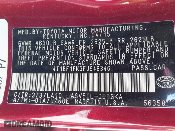 2015 Toyota Camry XLE with VIN 4T1BF1FK3FU948346, listed as a IAAI auction lot 41932669 with 113,713 mi miles and . Bid and sale history available at DreamBid. Image 9.