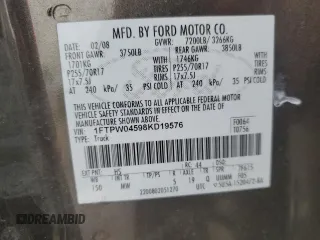 2008 Ford F-150 XLT with VIN 1FTPW04598KD19576, listed as a Copart auction lot 44757745 with 0 mi miles and Salvage Title. Bid and sale history available at carsss.com. Image 12.