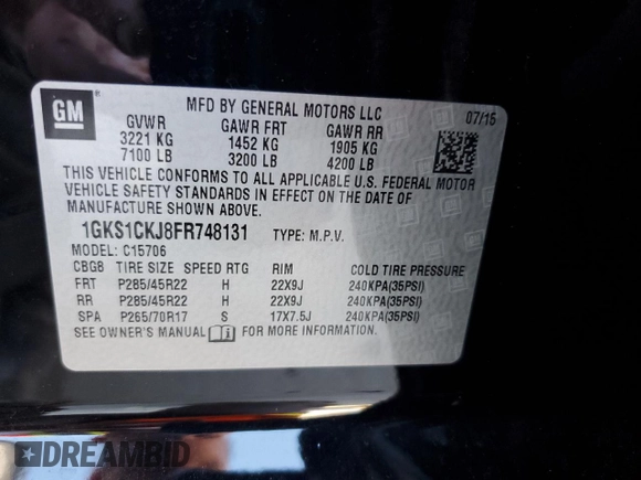 2015 GMC Yukon Denali z VIN 1GKS1CKJ8FR748131, wystawiony jako Copart lot #55213205 z przebiegiem 101 758 mil mil oraz Szkoda całkowita • Salvage title. Historia ofert i sprzedaży dostępna na DreamBid. Obrazek 14.