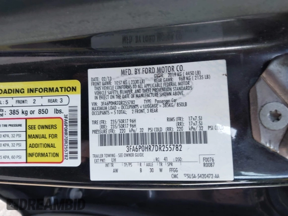 2013 Ford Fusion SE with VIN 3FA6P0HR7DR255782, listed as a IAAI auction lot 42382919 with 235,371 mi miles and . Bid and sale history available at DreamBid. Image 9.