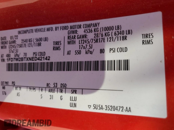2022 Ford F-250 with VIN 1FD7W2BTXNED42142, listed as a Copart auction lot 80899324 with Not provided miles and Salvage title. Bid and sale history available at DreamBid. Image 12.