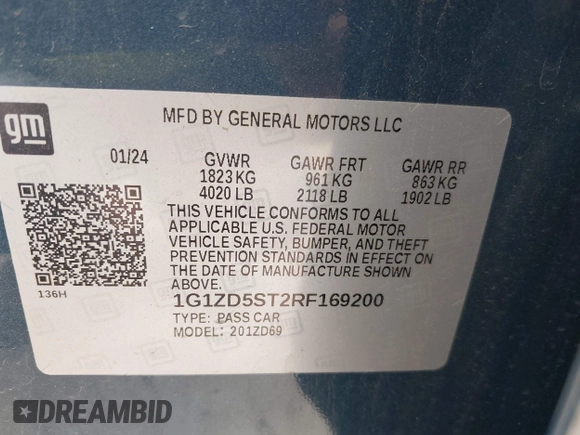 2024 Chevrolet Malibu LT with VIN 1G1ZD5ST2RF169200, listed as a IAAI auction lot 42142710 with 21,051 mi miles and . Bid and sale history available at DreamBid. Image 9.