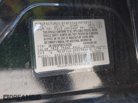 2019 Nissan Sentra S with VIN 3N1AB7AP9KY434058, listed as a IAAI auction lot 41957068 with 100,889 mi miles. Bid and sale history available at carsss.com. Image 9.