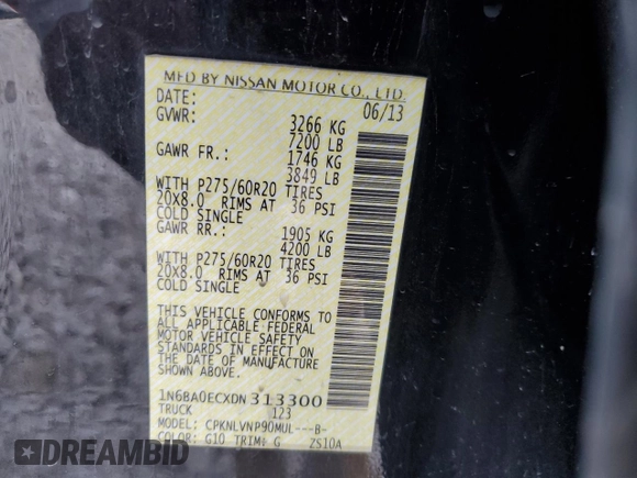 2013 Nissan Titan Pro-4X with VIN 1N6BA0ECXDN313300, listed as a Copart auction lot 46987125 with 174,432 mi miles and Salvage title. Bid and sale history available at DreamBid. Image 14.