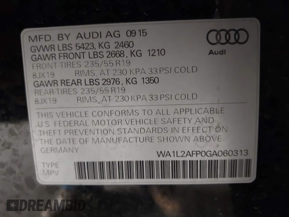 2016 Audi Q5 Premium Plus with VIN WA1L2AFP0GA060313, listed as a IAAI auction lot 42518296 with 54,842 mi miles and . Bid and sale history available at DreamBid. Image 9.