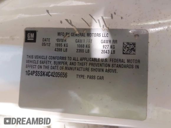 2012 Buick Verano Group with VIN 1G4PS5SK4C4205656, listed as a IAAI auction lot 41502065 with 136,820 mi miles and . Bid and sale history available at DreamBid. Image 9.