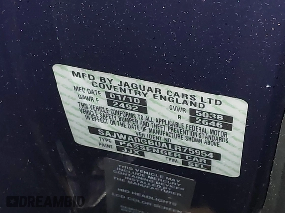 2010 Jaguar XF Premium Luxury with VIN SAJWA0GB0ALR75954, listed as a IAAI auction lot 42245934 with 130,300 mi miles and . Bid and sale history available at DreamBid. Image 9.