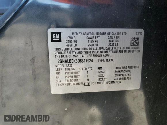2013 Chevrolet Equinox LS with VIN 2GNALBEK3D6317924, listed as a Copart auction lot 49329195 with 219,507 mi miles and Clean Title. Bid and sale history available at carsss.com. Image 15.