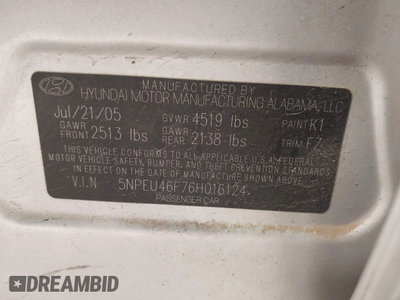 2006 Hyundai Sonata GLS with VIN 5NPEU46F76H016124, listed as a IAAI auction lot 41900730 with 253,936 mi miles and . Bid and sale history available at DreamBid. Image 9.