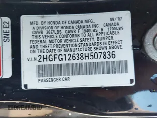 2008 Honda Civic Cpe LX with VIN 2HGFG12638H507836, listed as a IAAI auction lot 41811093 with 1 mi miles. Bid and sale history available at carsss.com. Image 9.