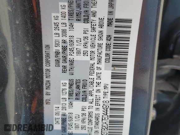 2014 Mazda CX-9 Touring with VIN JM3TB2CA7E0444918, listed as a Copart auction lot 57801165 with 116,638 mi miles and Salvage title. Bid and sale history available at DreamBid. Image 14.