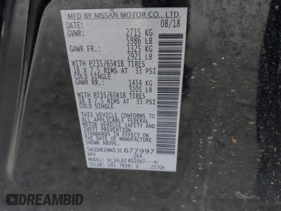 2018 Nissan Pathfinder SV with VIN 5N1DR2MN1JC677997, listed as a IAAI auction lot 42616602 with 181,529 mi miles and . Bid and sale history available at DreamBid. Image 9.