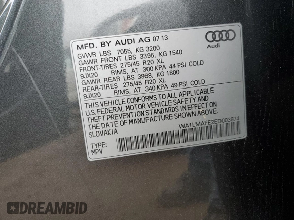 2014 Audi Q7 Premium Plus z VIN WA1LMAFE2ED003874, wystawiony jako Copart lot #50791485 z przebiegiem 65 619 mil mil oraz Szkoda całkowita • Salvage title. Historia ofert i sprzedaży dostępna na DreamBid. Obrazek 13.