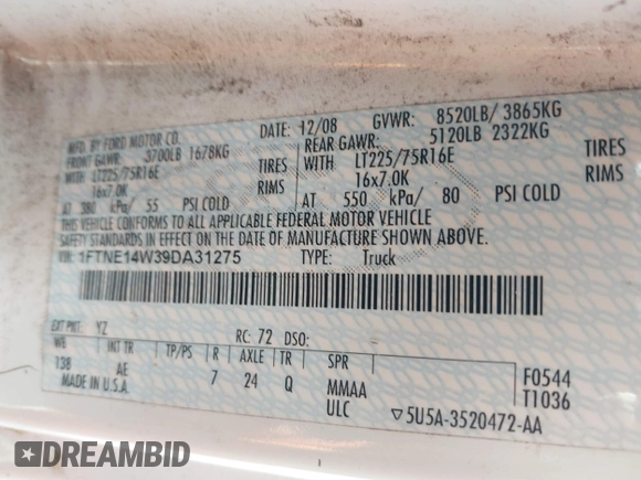2009 Ford Econoline Cargo Commercial with VIN 1FTNE14W39DA31275, listed as a IAAI auction lot 41486746 with 206,526 mi miles and . Bid and sale history available at DreamBid. Image 9.
