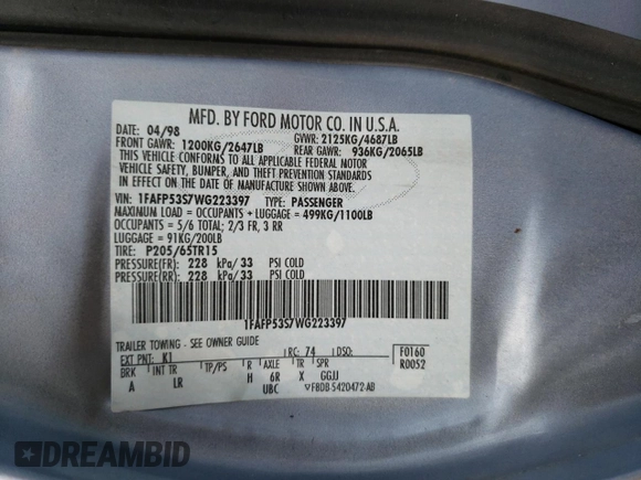 1998 Ford Taurus SE Comfort with VIN 1FAFP53S7WG223397, listed as a Copart auction lot 74794624 with 76,614 mi miles and Salvage title. Bid and sale history available at DreamBid. Image 15.