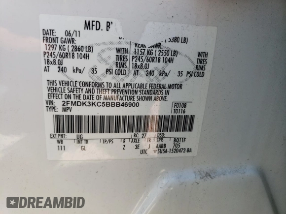 2011 Ford Edge Limited with VIN 2FMDK3KC5BBB46900, listed as a Copart auction lot 61261705 with 123,565 mi miles and Salvage title. Bid and sale history available at DreamBid. Image 13.