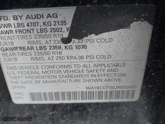 2018 Audi Q3 Premium with VIN WA1BCCFS0JR010450, listed as a IAAI auction lot 41583173 with 100,140 mi miles. Bid and sale history available at carsss.com. Image 9.