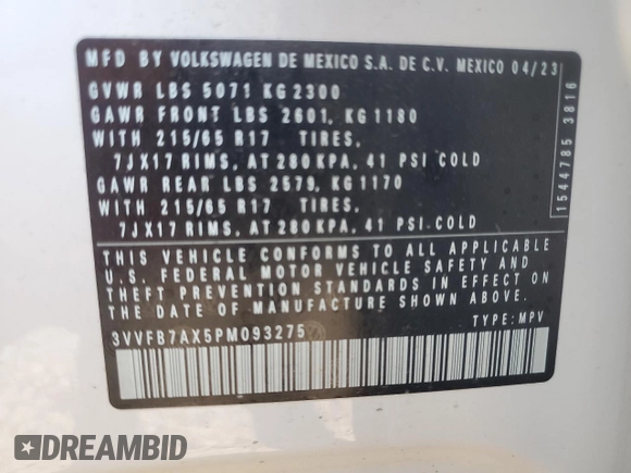 2023 Volkswagen Tiguan S с VIN 3VVFB7AX5PM093275, выставлен на аукционе Copart как лот 73763224 с пробегом 11 084 миль миль и Списание • Salvage title. История ставок и продаж доступна на DreamBid. Изображение 13.