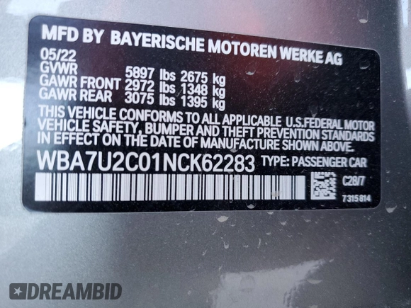 2022 BMW 7 Series 750i xDrive z VIN WBA7U2C01NCK62283, wystawiony jako Copart lot #83007534 z przebiegiem Nie podano mil oraz Szkoda całkowita • Salvage title. Historia ofert i sprzedaży dostępna na DreamBid. Obrazek 12.