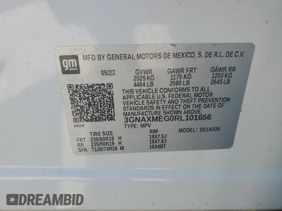 2024 Chevrolet Equinox RS with VIN 3GNAXMEG0RL101656, listed as a Copart auction lot 49291795 with Not provided miles and Salvage title. Bid and sale history available at DreamBid. Image 16.