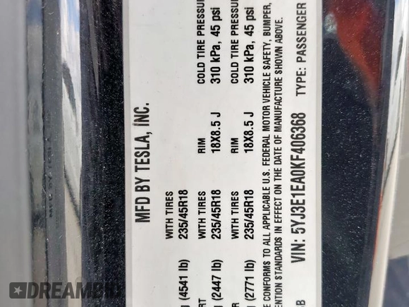 2019 Tesla Model 3 Mid Range with VIN 5YJ3E1EA0KF406368, listed as a Copart auction lot 55085905 with 139,295 mi miles and Clean Title. Bid and sale history available at DreamBid. Image 12.