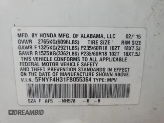 2015 Honda Pilot SE with VIN 5FNYF4H31FB055364, listed as a Copart auction lot 60734095 with 234,706 mi miles and Salvage title. Bid and sale history available at DreamBid. Image 14.