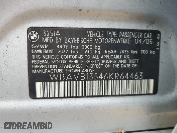2006 BMW 3 Series 325i with VIN WBAVB13546KR64463, listed as a Copart auction lot 55765055 with 236,997 mi miles and Salvage title. Bid and sale history available at DreamBid. Image 12.