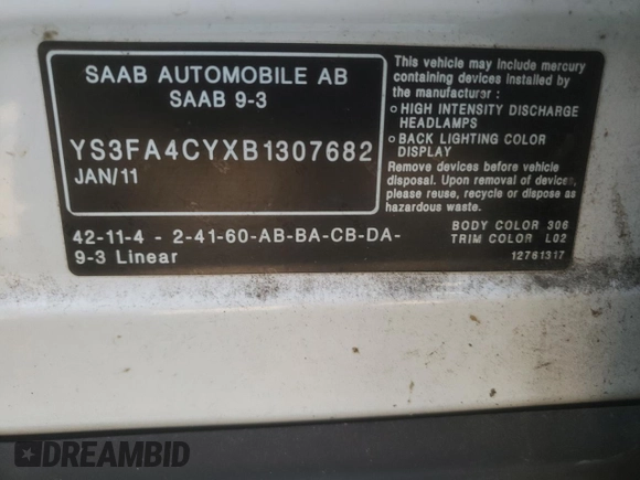 2011 Saab 9-3 with VIN YS3FA4CYXB1307682, listed as a Copart auction lot 46861825 with 146,474 mi miles and Salvage Title. Bid and sale history available at carsss.com. Image 14.