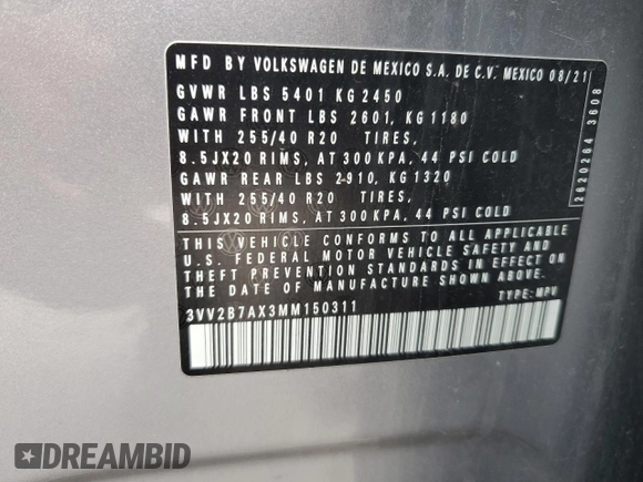 2021 Volkswagen Tiguan SE z VIN 3VV2B7AX3MM150311, wystawiony jako Copart lot #50970015 z przebiegiem 41 156 mil mil oraz Szkoda całkowita • Salvage title. Historia ofert i sprzedaży dostępna na DreamBid. Obrazek 14.