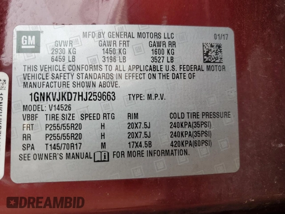 2017 Chevrolet Traverse Premier with VIN 1GNKVJKD7HJ259663, listed as a Copart auction lot 45358935 with 80,767 mi miles and Salvage Title. Bid and sale history available at DreamBid. Image 13.