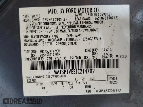 2018 Ford EcoSport Titanium z VIN MAJ3P1VE3JC214702, wystawiony jako Copart lot #53790815 z przebiegiem 105 504 mil mil oraz Szkoda całkowita • Salvage title. Historia ofert i sprzedaży dostępna na DreamBid. Obrazek 15.