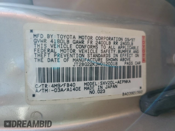 1998 Toyota Camry LE с VIN JT2BG22K3W0120018, выставлен на аукционе Copart как лот 59726215 с пробегом 284 802 миль миль и Чистый • Clean title. История ставок и продаж доступна на DreamBid. Изображение 12.