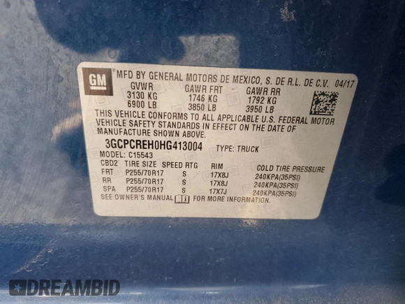 2017 Chevrolet Silverado 1500 LT with VIN 3GCPCREH0HG413004, listed as a Copart auction lot 83365354 with Not Provided miles and Salvage Title. Bid and sale history available at DreamBid. Image 14.